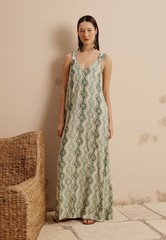 Vestido Longo Detalhe Estrela do Mar Estampado Rio Verde