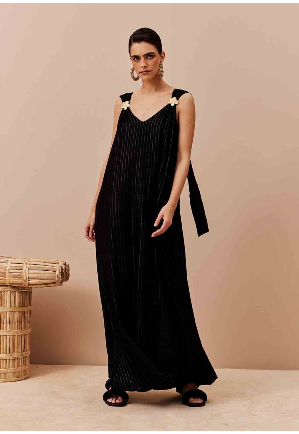 Vestido Longo Detalhe Flor Alças