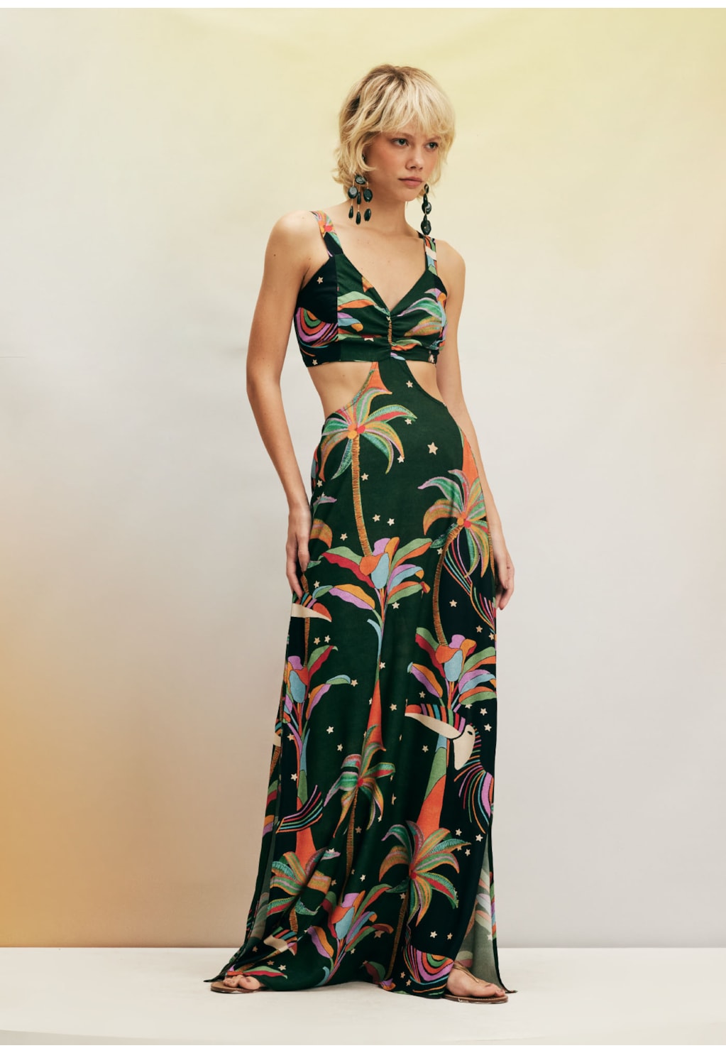 Vestido Longo Detalhe Lateral Estampado Mauwê Tupi