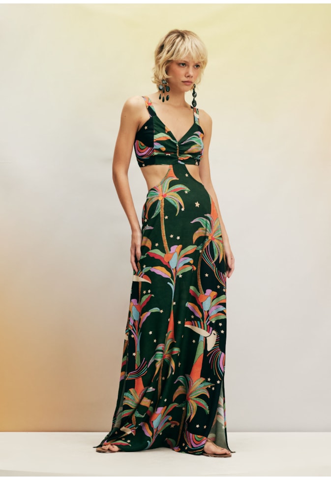 Vestido Longo Detalhe Lateral Estampado Mauwê Tupi