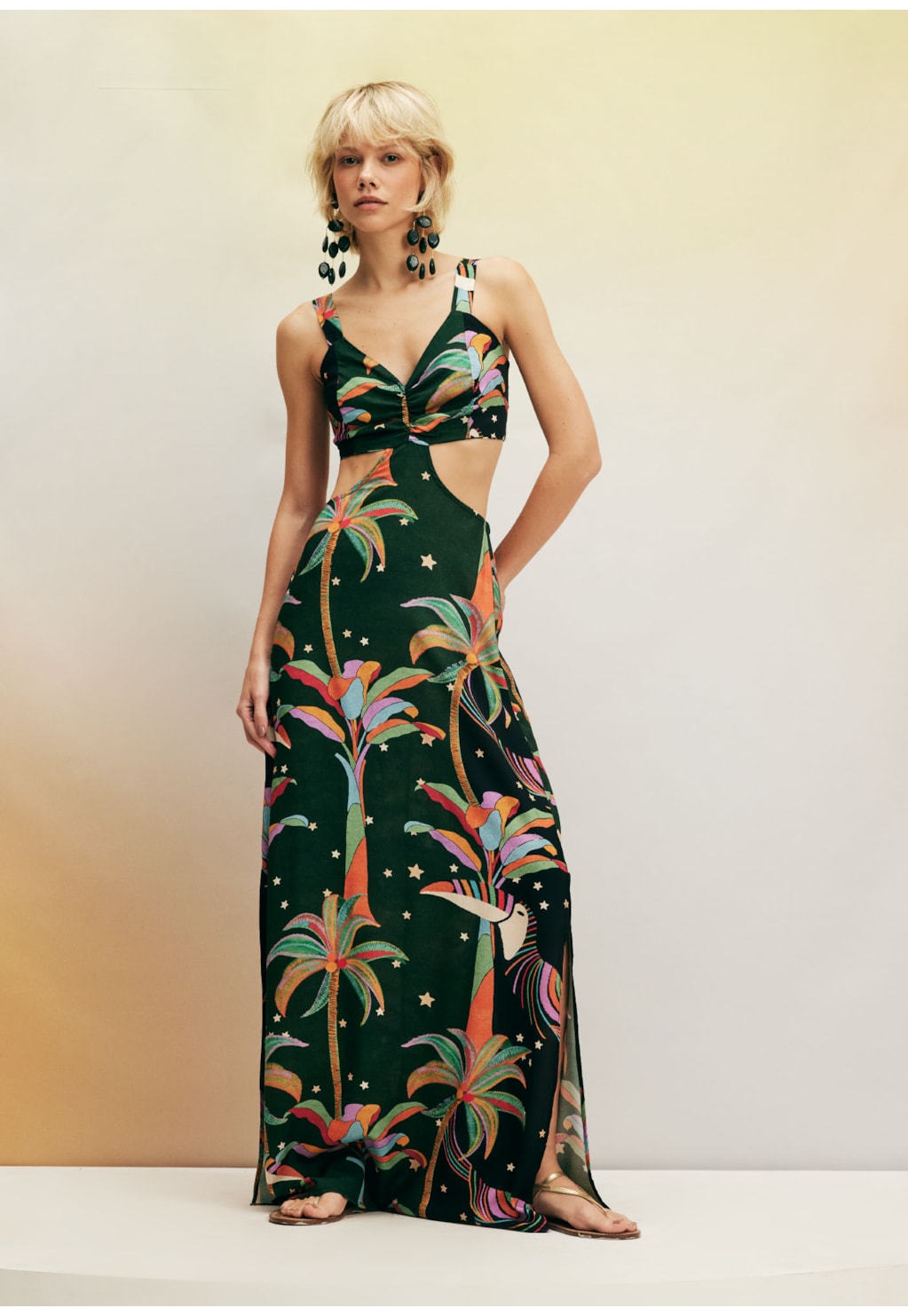 Vestido Longo Detalhe Lateral Estampado Mauwê Tupi