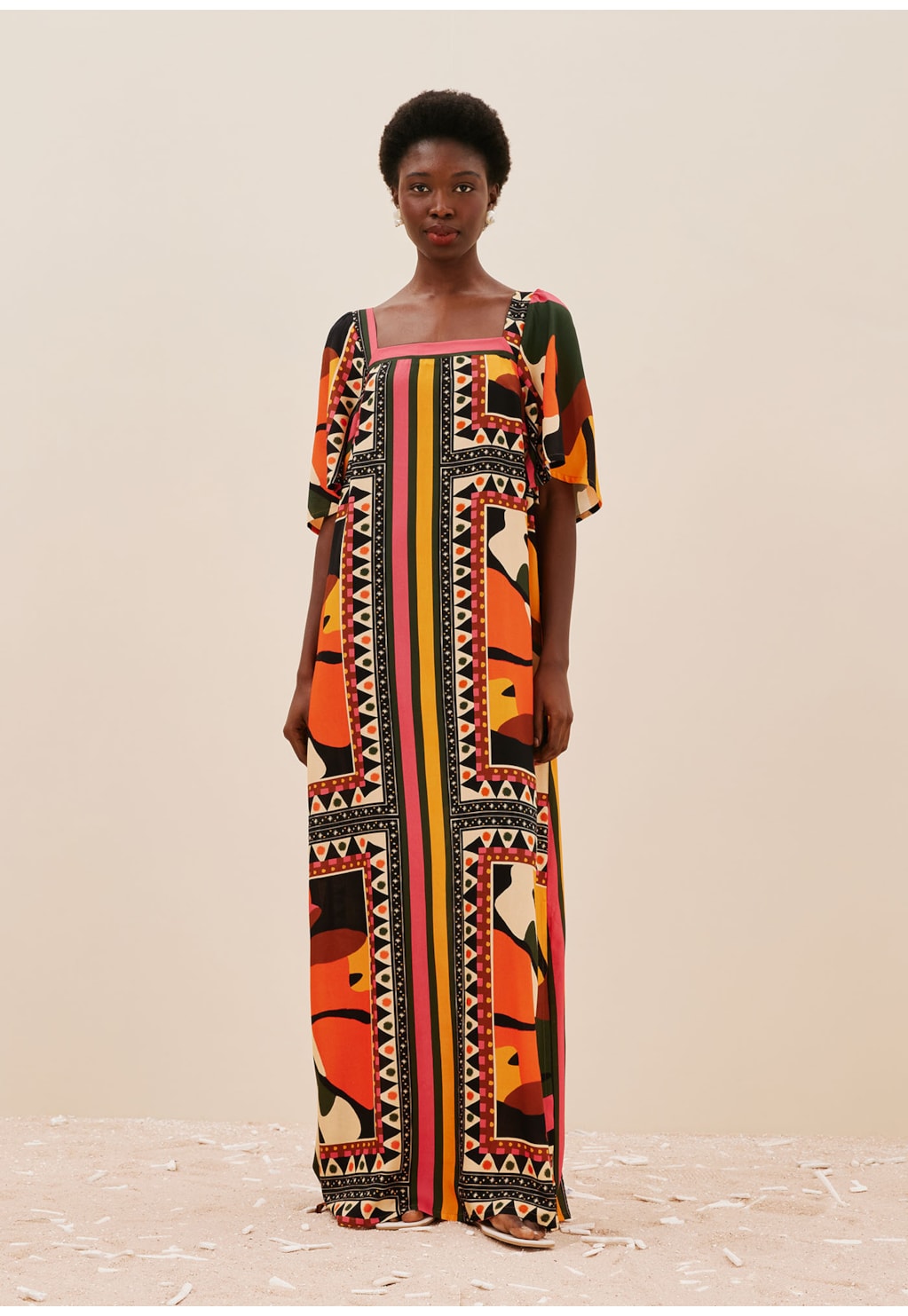 Vestido Longo Detalhe Manga Estampado Araruta