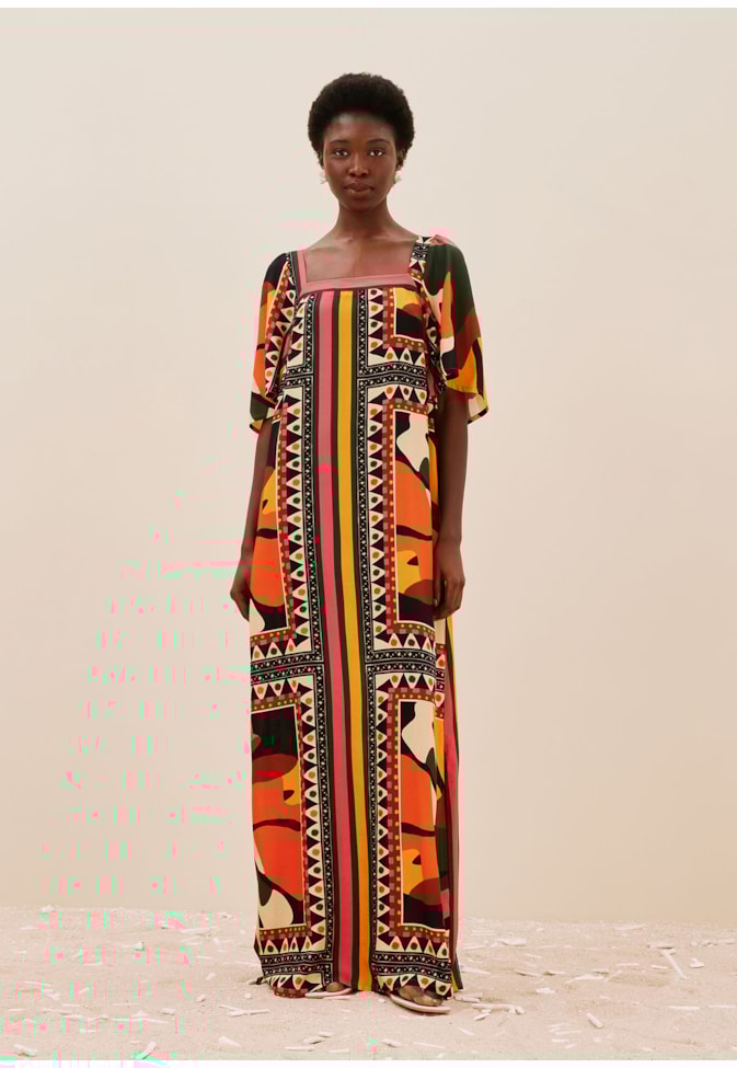 Vestido Longo Detalhe Manga Estampado Araruta