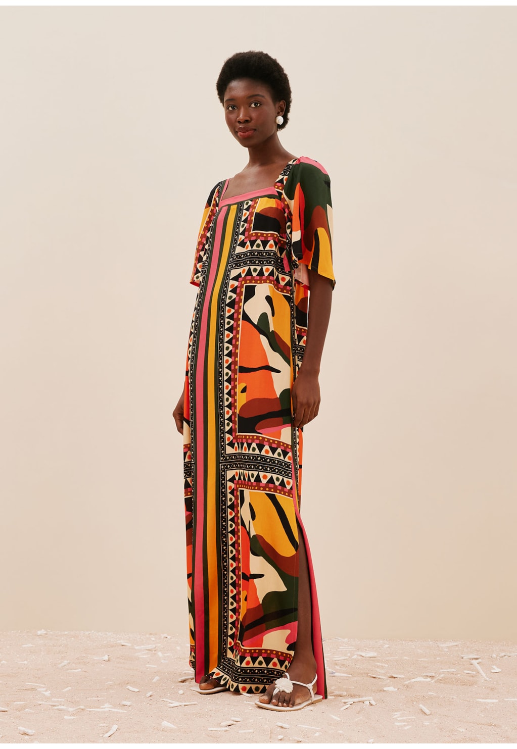 Vestido Longo Detalhe Manga Estampado Araruta