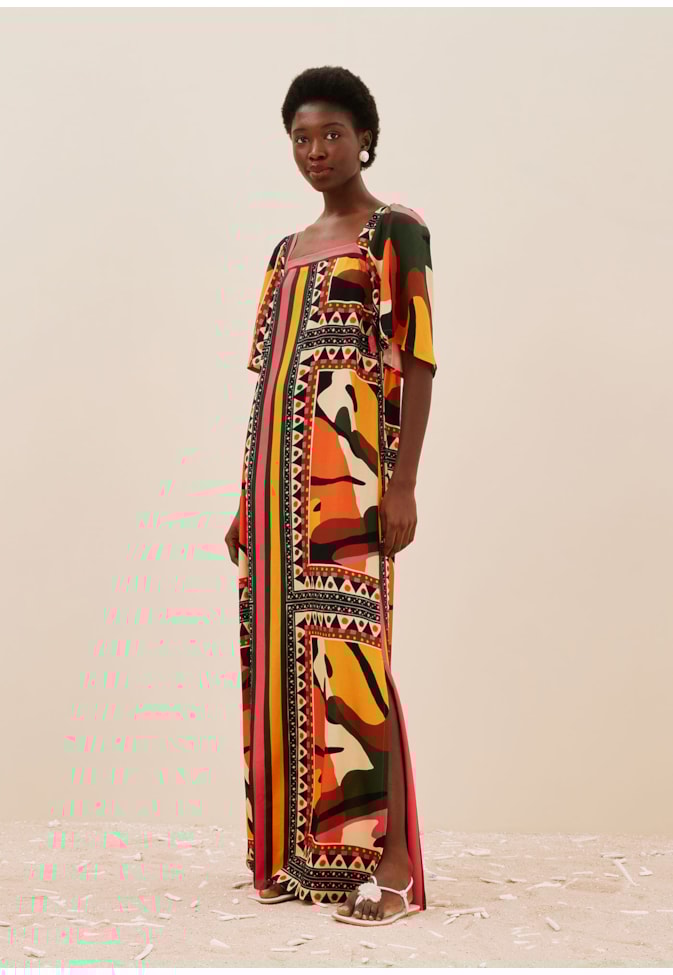 Vestido Longo Detalhe Manga Estampado Araruta