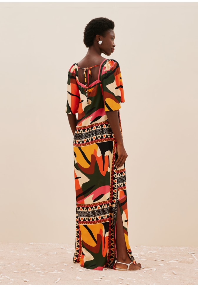 Vestido Longo Detalhe Manga Estampado Araruta