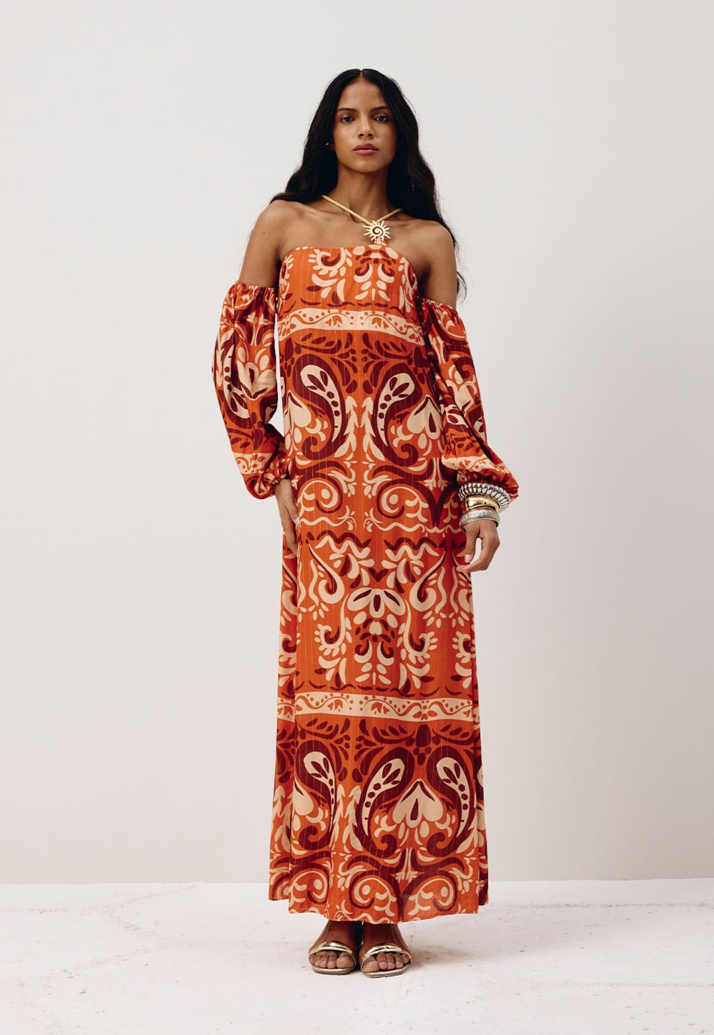 Vestido Longo Detalhe Passador Sol Estampado Nômade