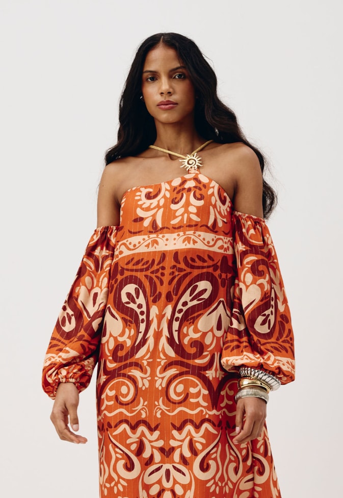 Vestido Longo Detalhe Passador Sol Estampado Nômade