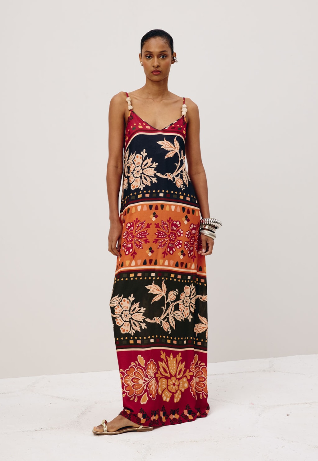 Vestido Longo Detalhe Ponteiras Estampado Malbec