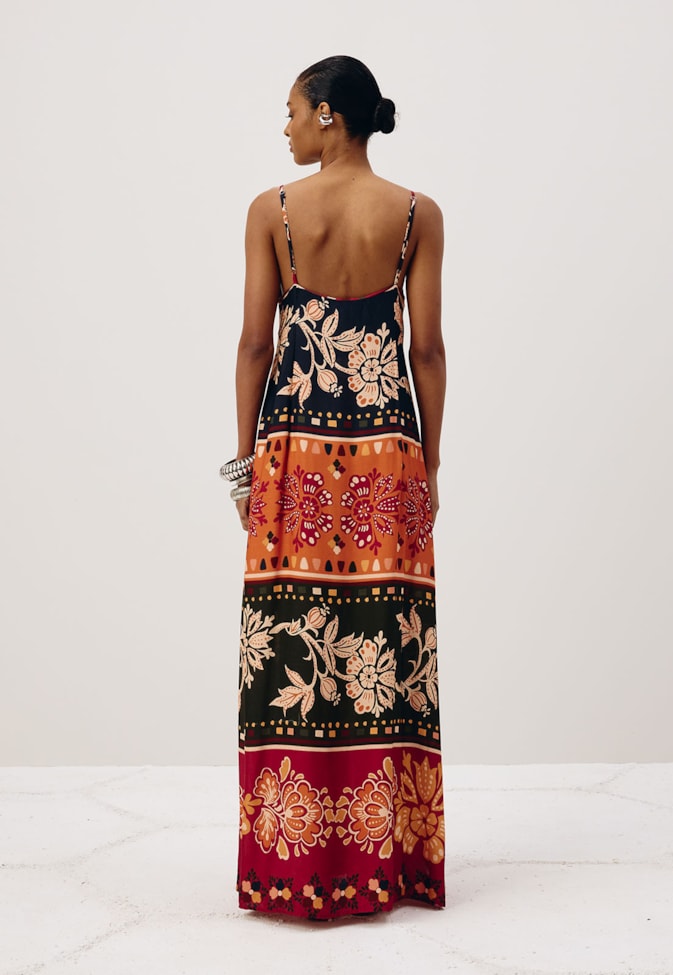 Vestido Longo Detalhe Ponteiras Estampado Malbec