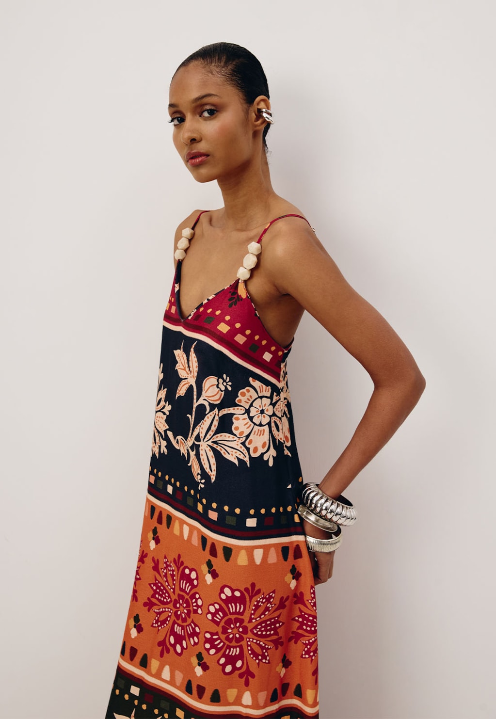 Vestido Longo Detalhe Ponteiras Estampado Malbec