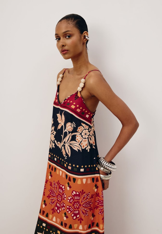 Vestido Longo Detalhe Ponteiras Estampado Malbec