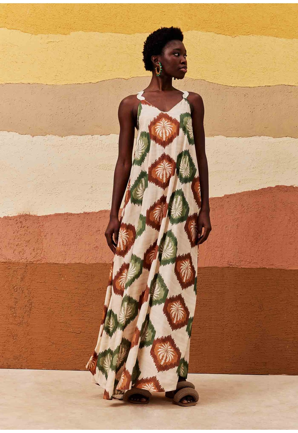 Vestido Longo Detalhe Sianinha Estampado Andina