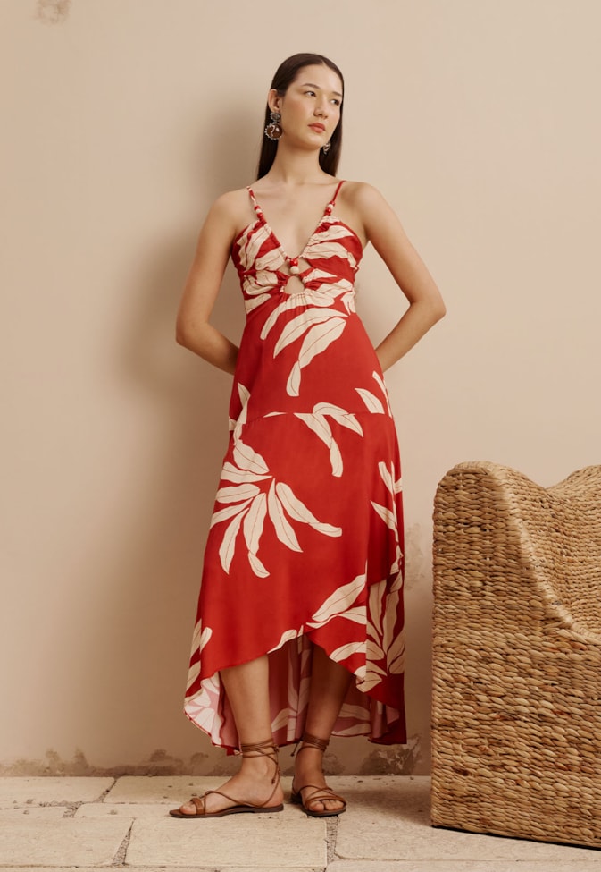 Vestido Longo Detalhe Túnel com Contas Estampado Tucumã