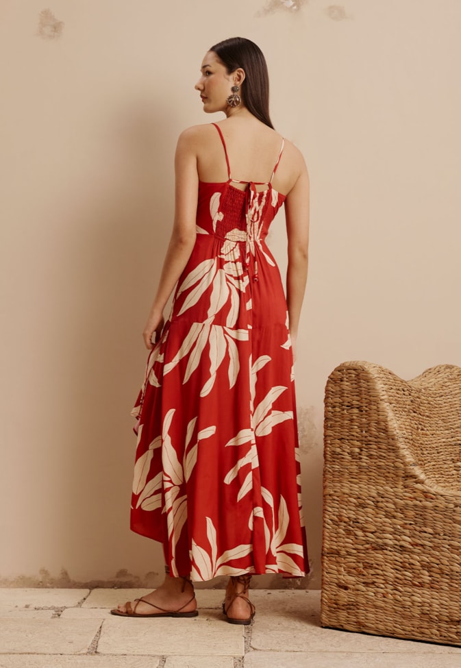 Vestido Longo Detalhe Túnel com Contas Estampado Tucumã