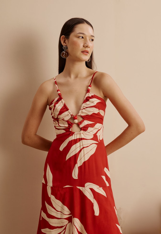 Vestido Longo Detalhe Túnel com Contas Estampado Tucumã