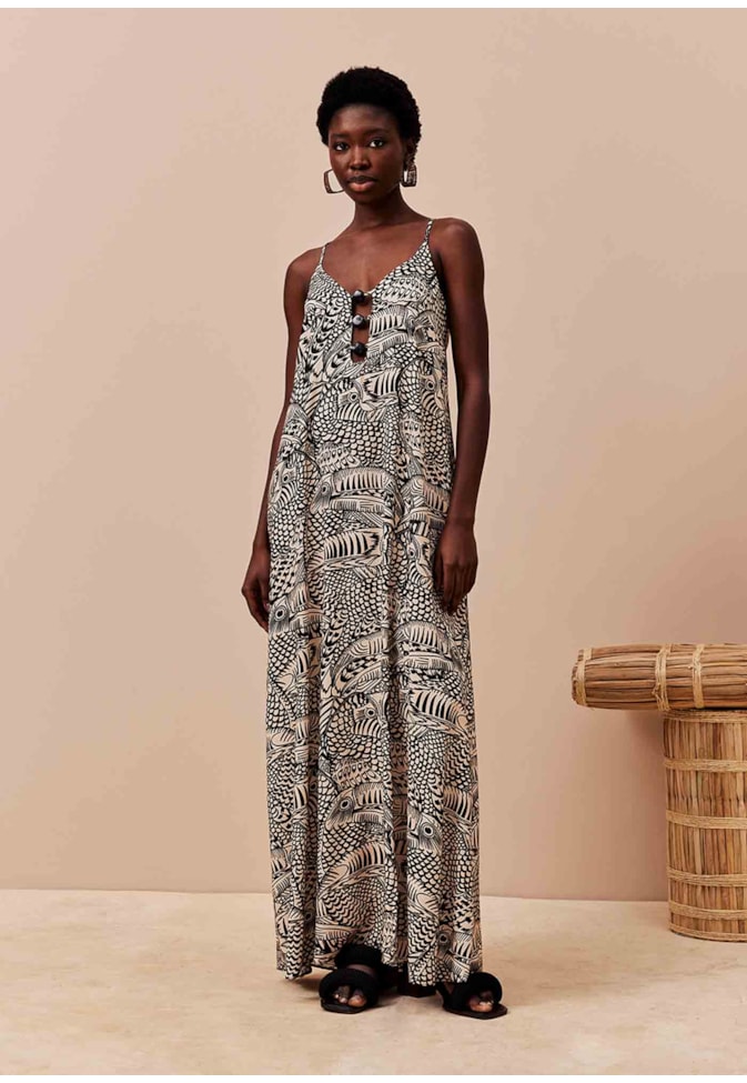 Vestido Longo Detalhes Pedras Estampado Tucán