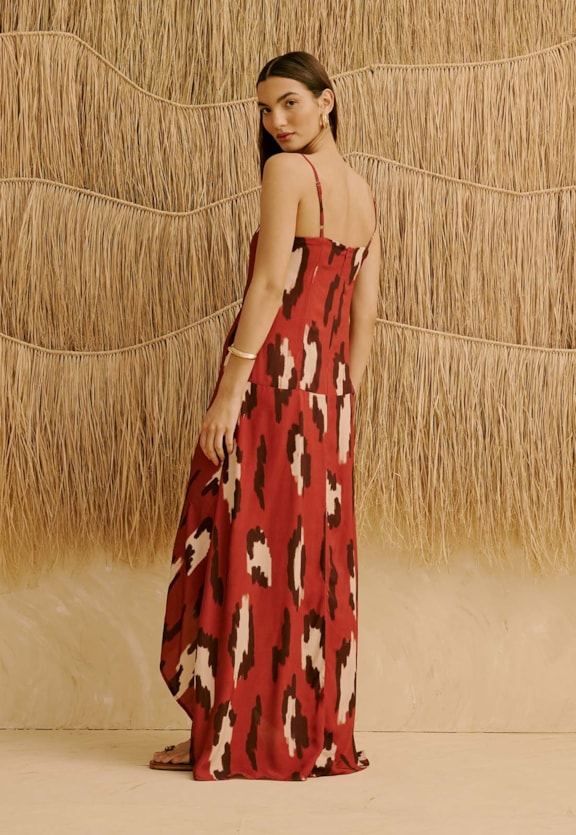 Vestido Longo Drop Waist Estampado Chimu Marrom Vista Traseira