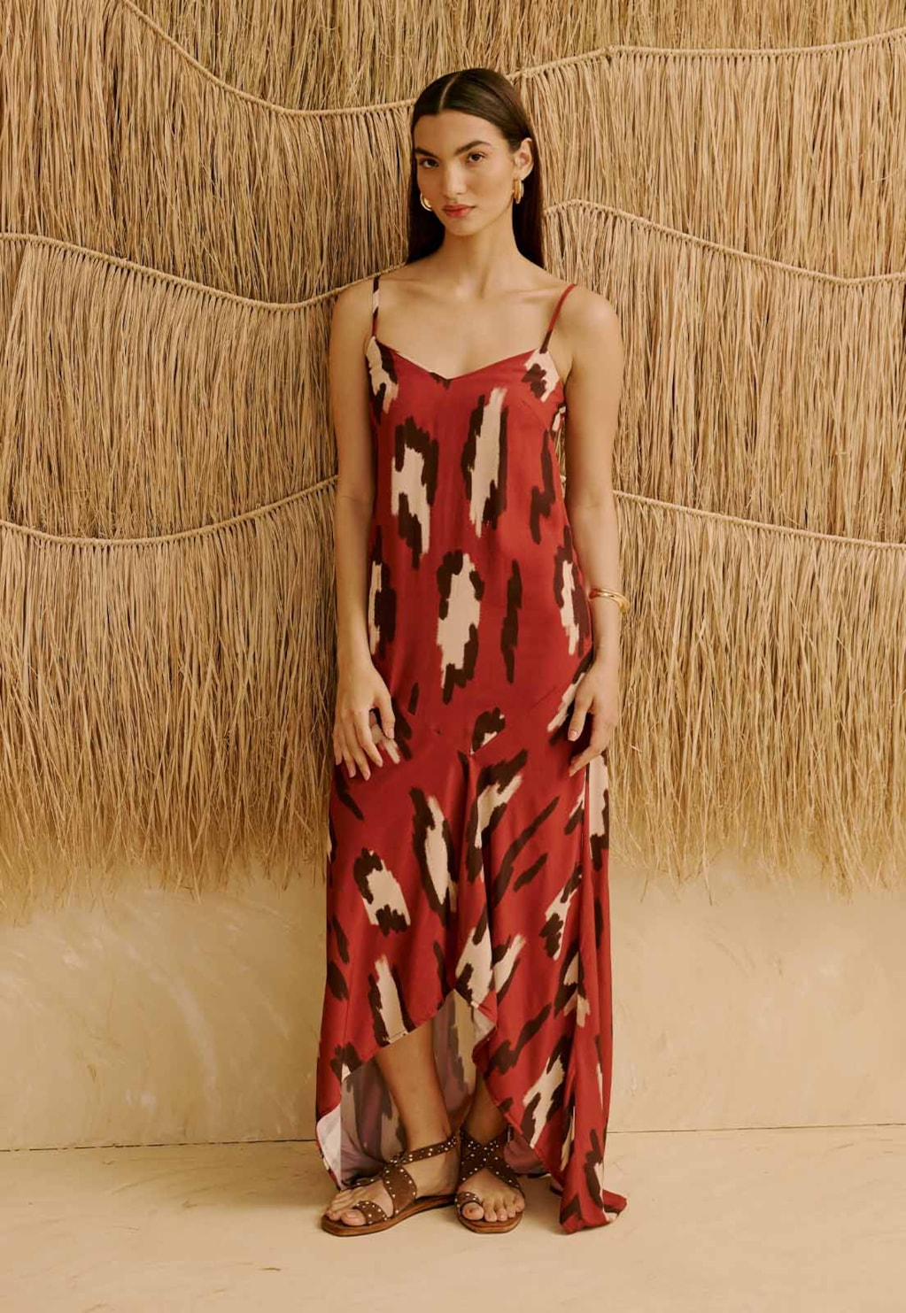 Vestido Longo Drop Waist Estampado Chimu Marrom