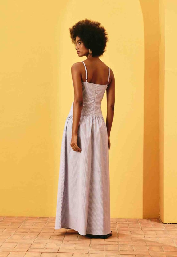 Vestido Longo Drop Waist Listras Vista Traseira