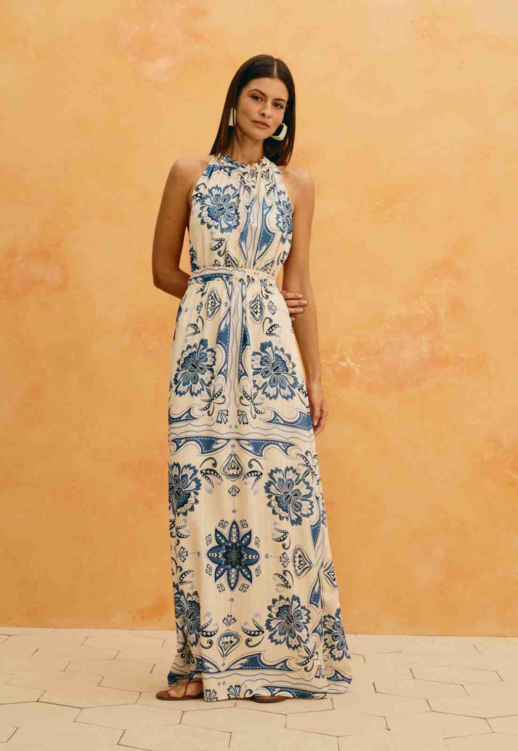 Vestido Longo Estampado Jasmim Azul