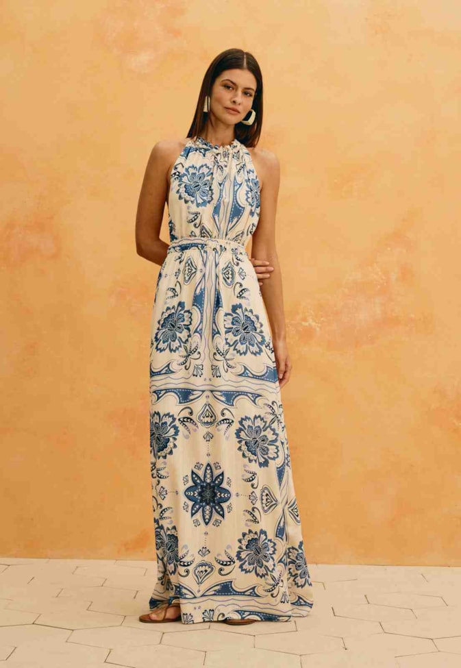 Vestido Longo Estampado Jasmim Azul