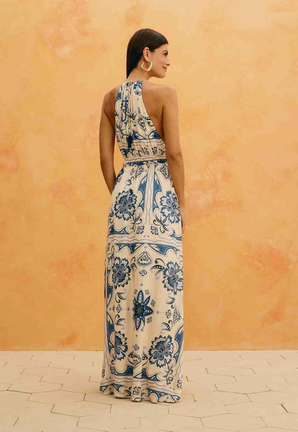 Vestido Longo Estampado Jasmim Azul