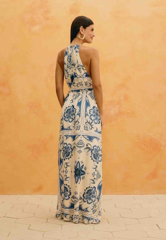 Vestido Longo Estampado Jasmim Azul