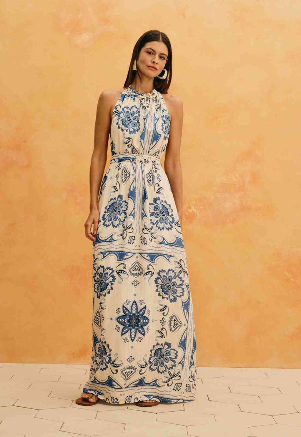 Vestido Longo Estampado Jasmim Azul
