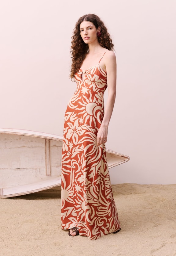 Vestido Longo Estampado Pedra do Sol Vista Frontal