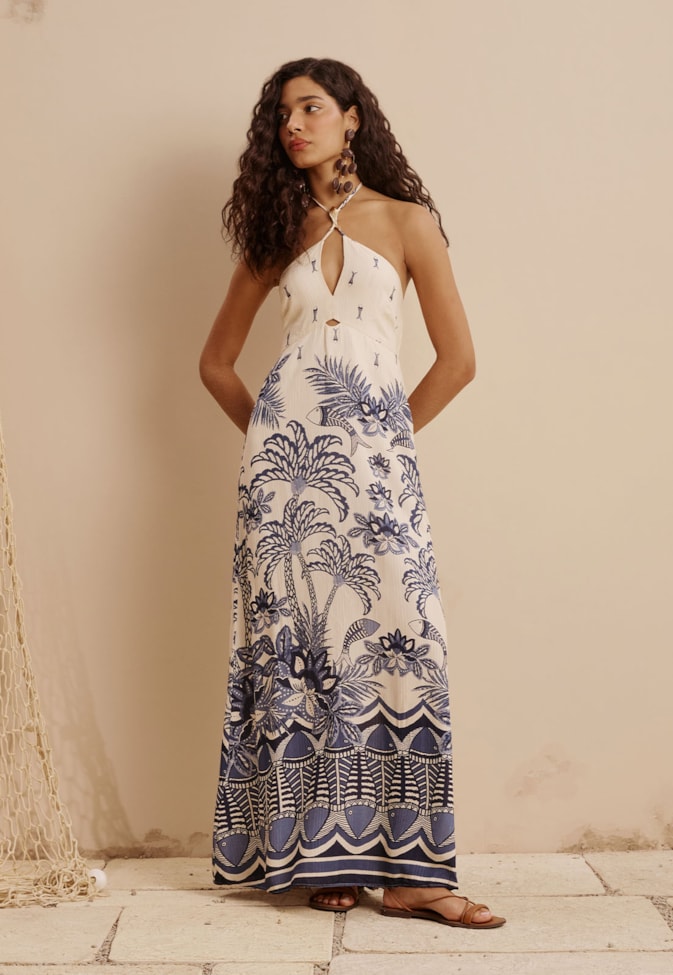 Vestido Longo Estampado Pedra dos Peixes