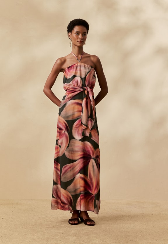 Vestido Longo Faixa Lenço Estampado Follaje Vista Frontal