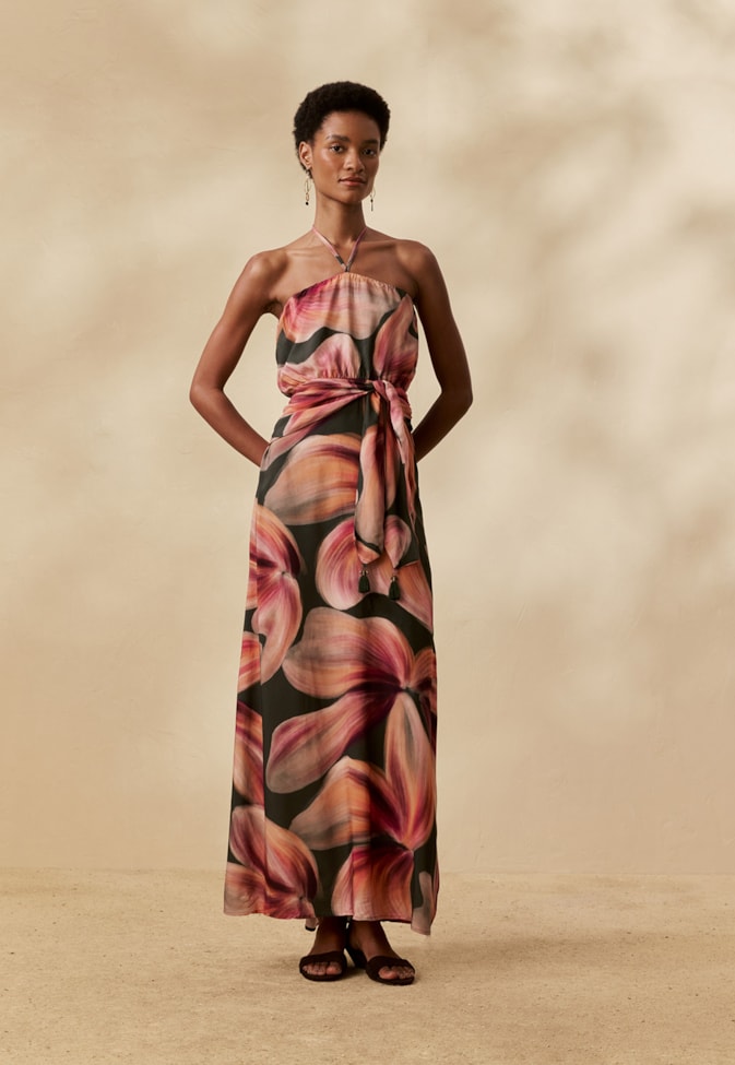 Vestido Longo Faixa Lenço Estampado Follaje