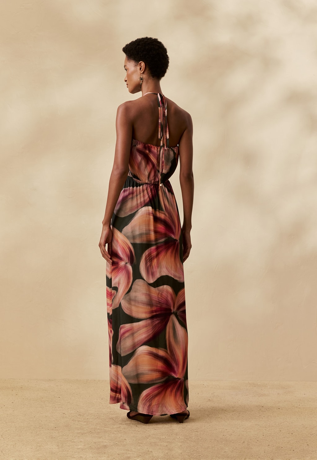 Vestido Longo Faixa Lenço Estampado Follaje