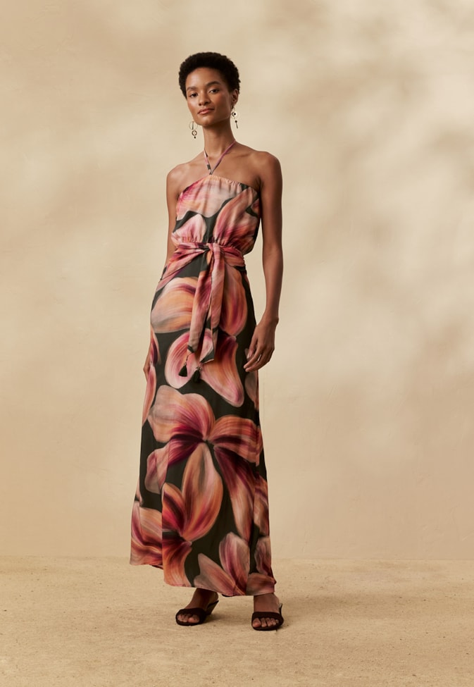 Vestido Longo Faixa Lenço Estampado Follaje