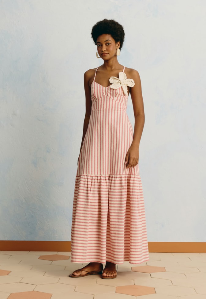 Vestido Longo Flor Crochê Listrado