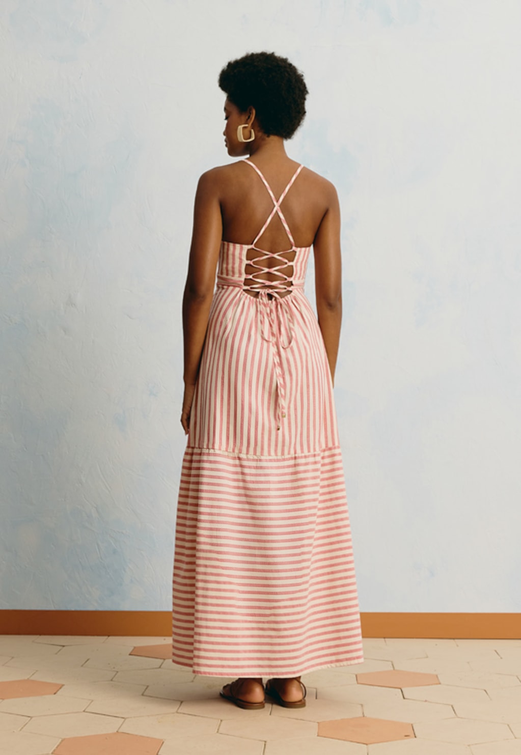 Vestido Longo Flor Crochê Listrado