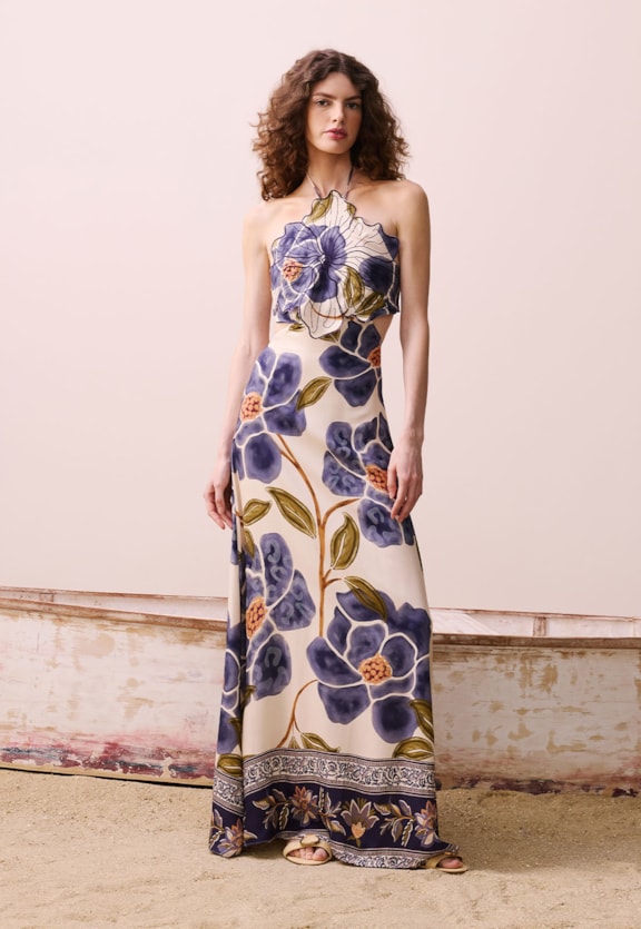 Vestido Longo Flor Estampado Papoula Vista Frontal