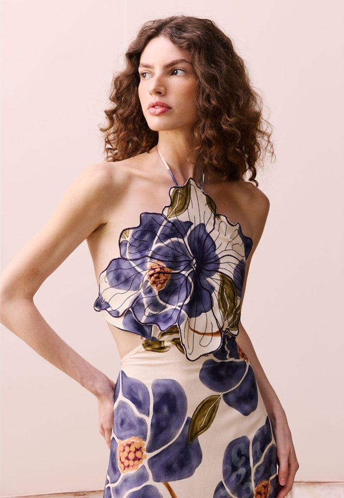 Vestido Longo Flor Estampado Papoula