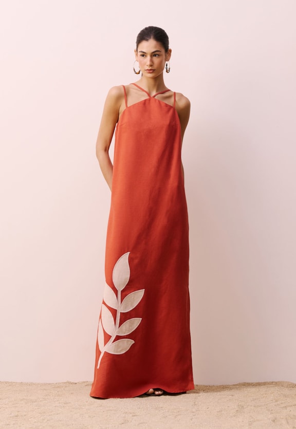 Vestido Longo Folha Bordada Vista Frontal