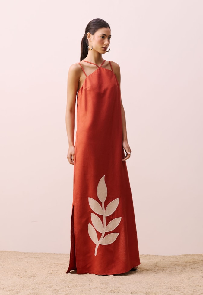 Vestido Longo Folha Bordada