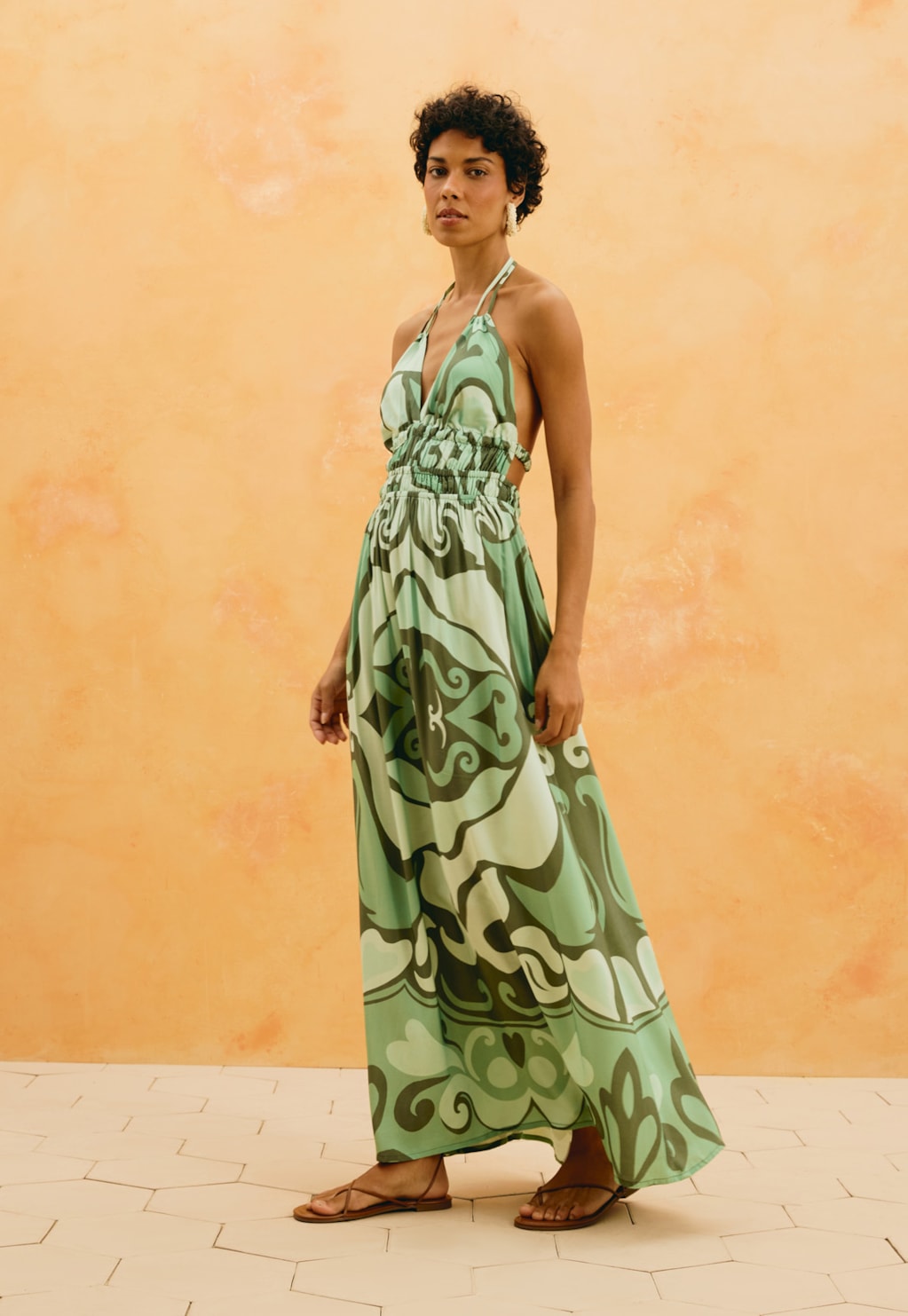 Vestido Longo Frente Única Estampado Nativa