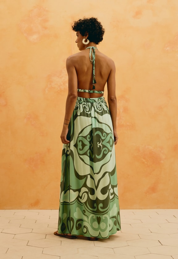 Vestido Longo Frente Única Estampado Nativa Vista Traseira
