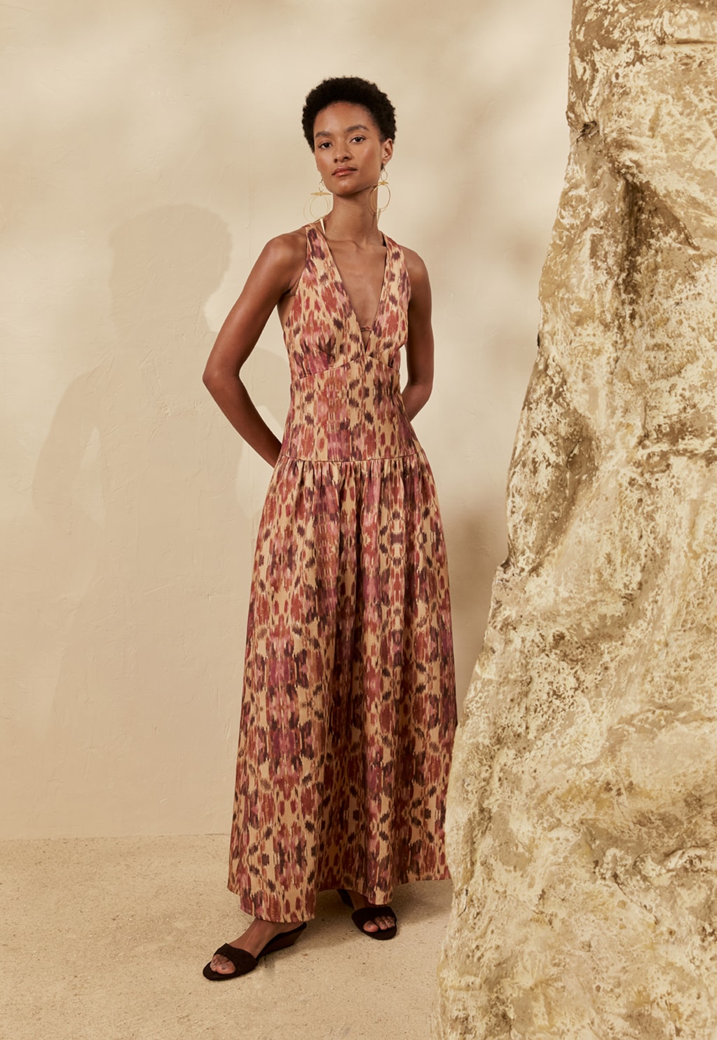 Vestido Longo Frente Única Estampado Niebla