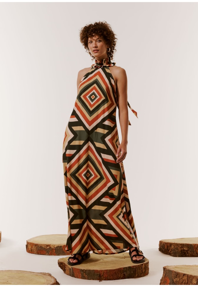 Vestido Longo Gola Alta Estampado Igarapés