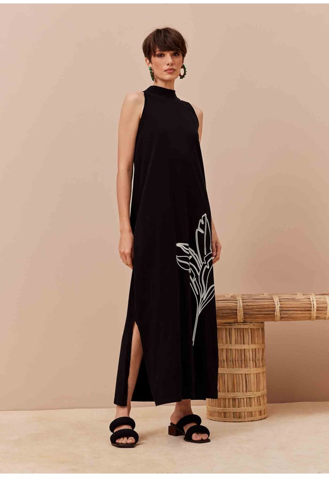 Vestido Longo Gola Alta Silk Folhagem