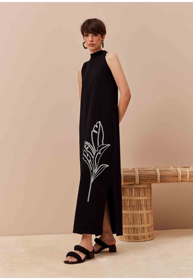 Vestido Longo Gola Alta Silk Folhagem