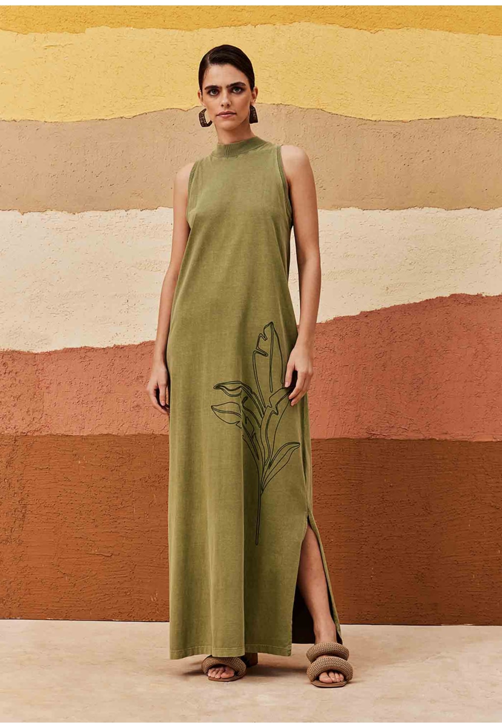 Vestido Longo Gola Alta Silk Folhagem