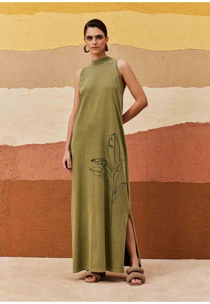 Vestido Longo Gola Alta Silk Folhagem