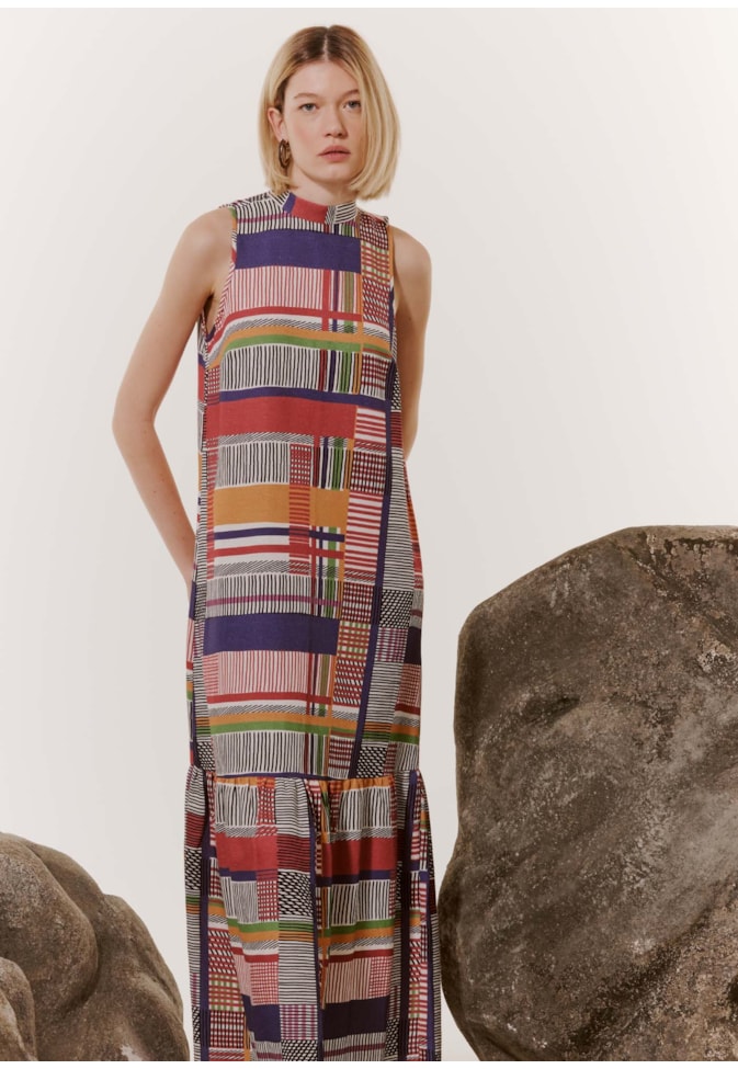 Vestido Longo Gola Estampado Ingá